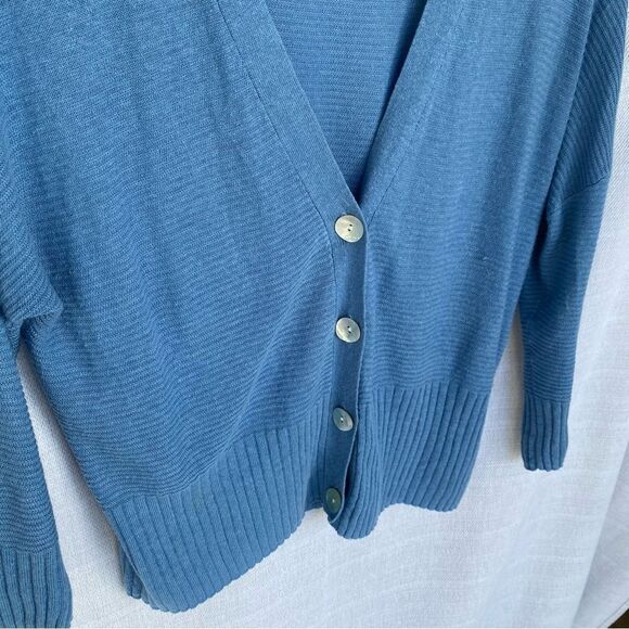 Christian Siriano Linen Blend Blue Ribbed Lightweight Cardigan Sweater - Picture 2 of 6